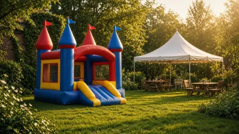 Tuinfeest met springkussen en partytent
